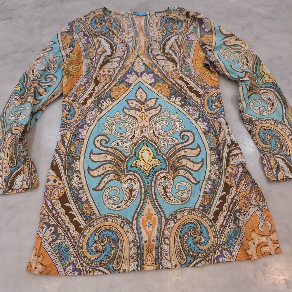 J.McLaughlin Tunic Top Sz 4‎ Multi Paisley V-Neck Cotton Longsleeve Boho Hippie